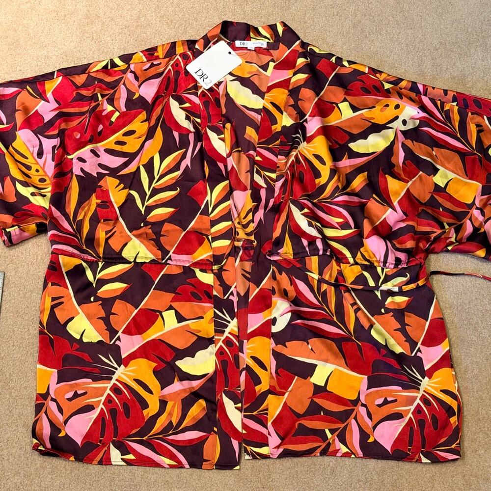 DR2 by Democracy Tropical Monstera Leaf Kimono Jacket Cardigan S/M Satin NWT